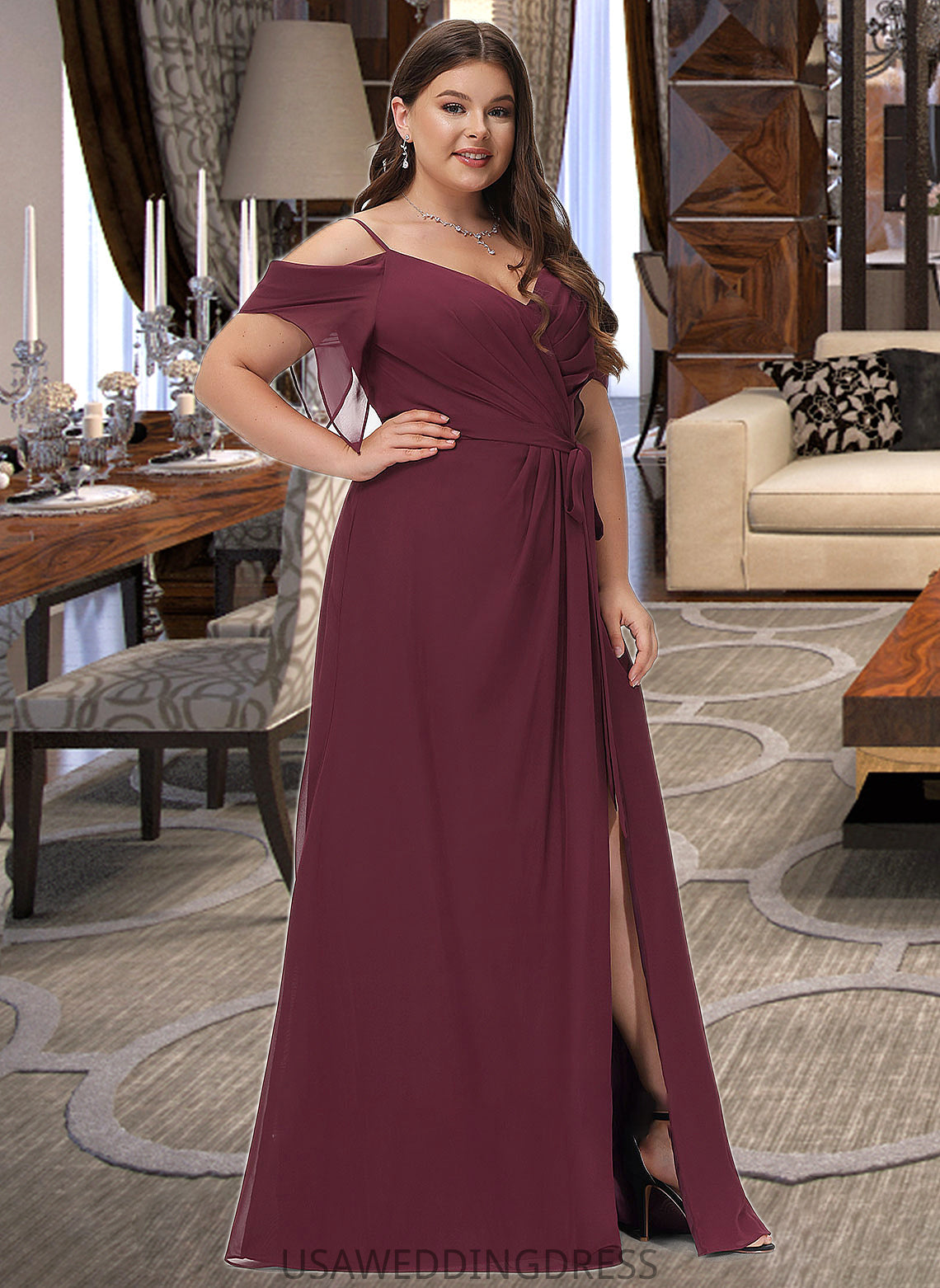 Mila A-Line V-neck Floor-Length Bridesmaid Dress With Ruffle Split Front DSP0012772