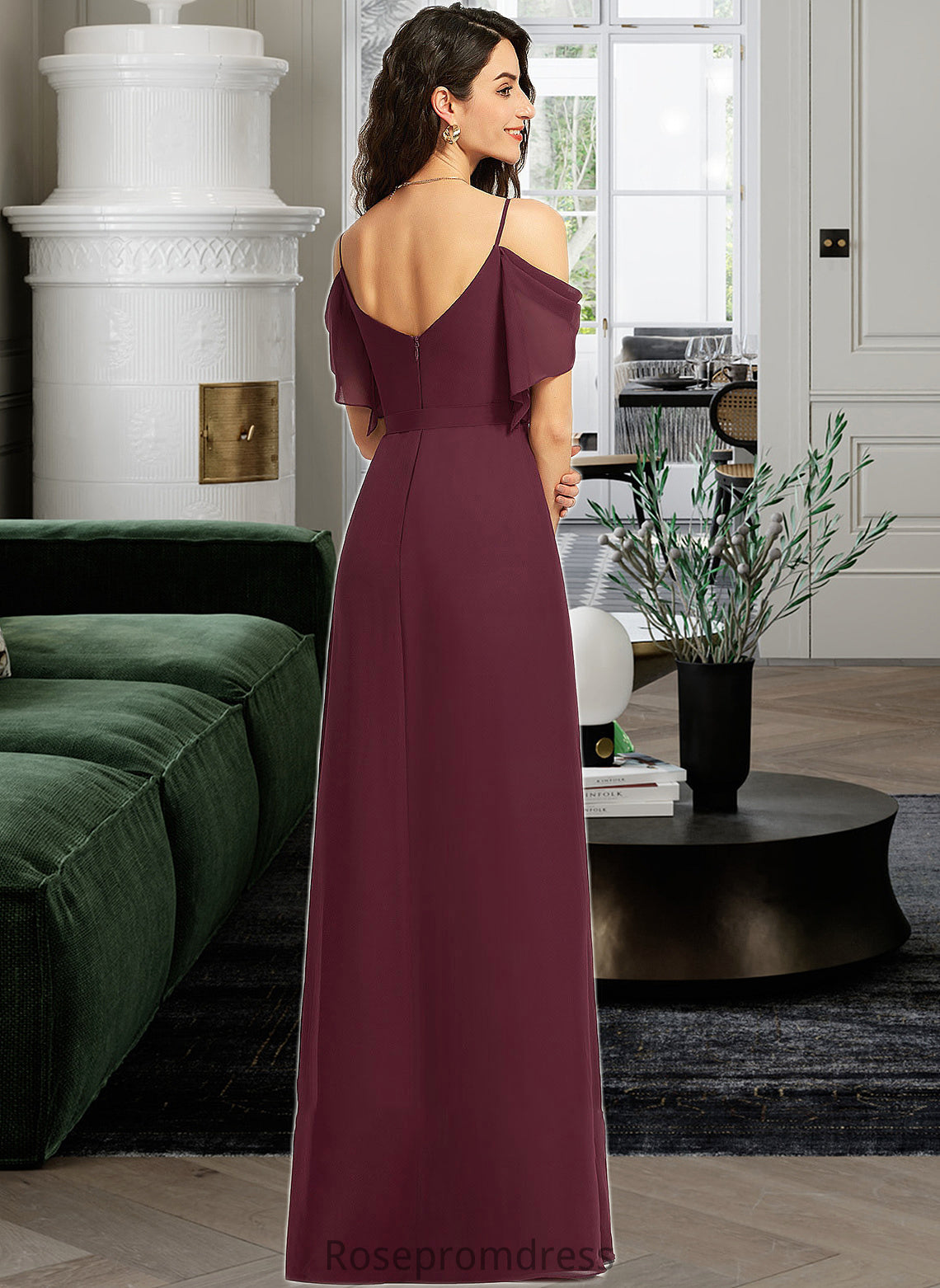 Taniyah A-Line V-neck Floor-Length Bridesmaid Dress With Ruffle Split Front SRSP0012772