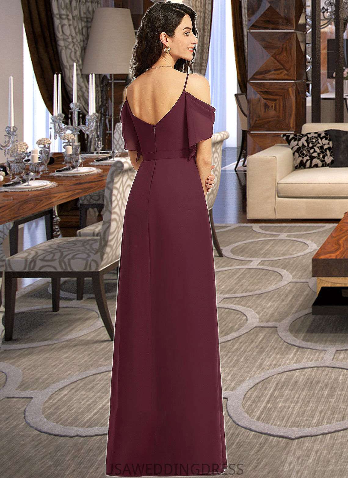 Mila A-Line V-neck Floor-Length Bridesmaid Dress With Ruffle Split Front DSP0012772