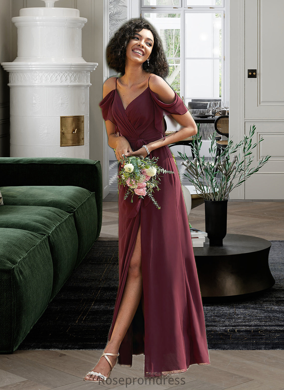 Taniyah A-Line V-neck Floor-Length Bridesmaid Dress With Ruffle Split Front SRSP0012772