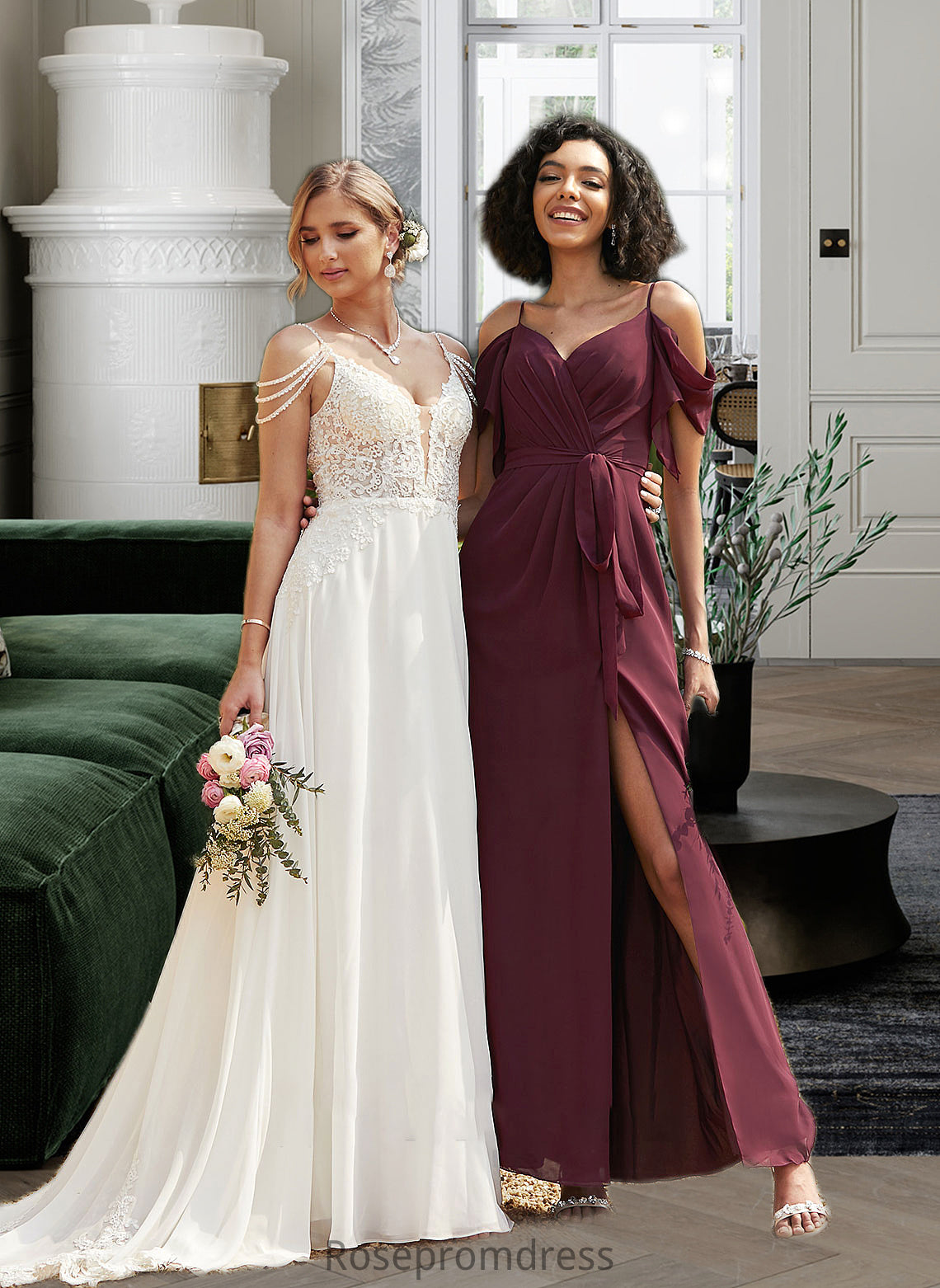 Taniyah A-Line V-neck Floor-Length Bridesmaid Dress With Ruffle Split Front SRSP0012772