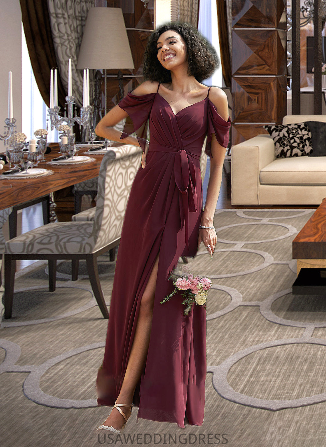 Mila A-Line V-neck Floor-Length Bridesmaid Dress With Ruffle Split Front DSP0012772