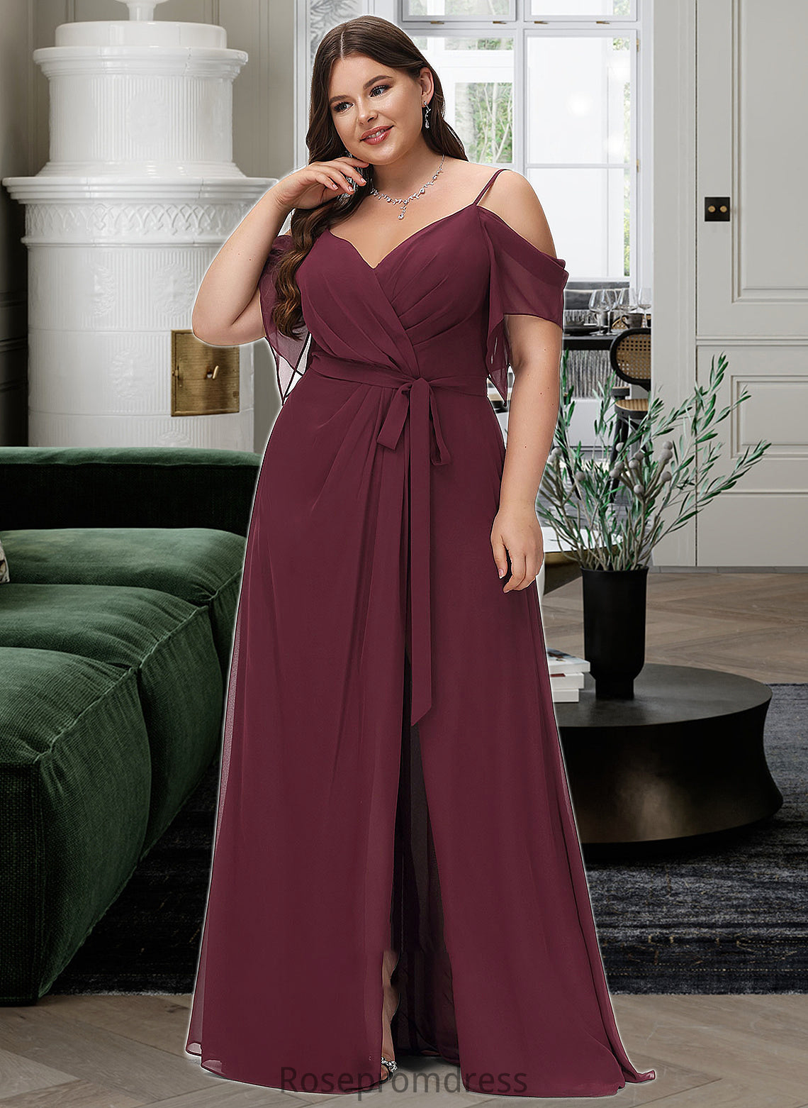 Taniyah A-Line V-neck Floor-Length Bridesmaid Dress With Ruffle Split Front SRSP0012772