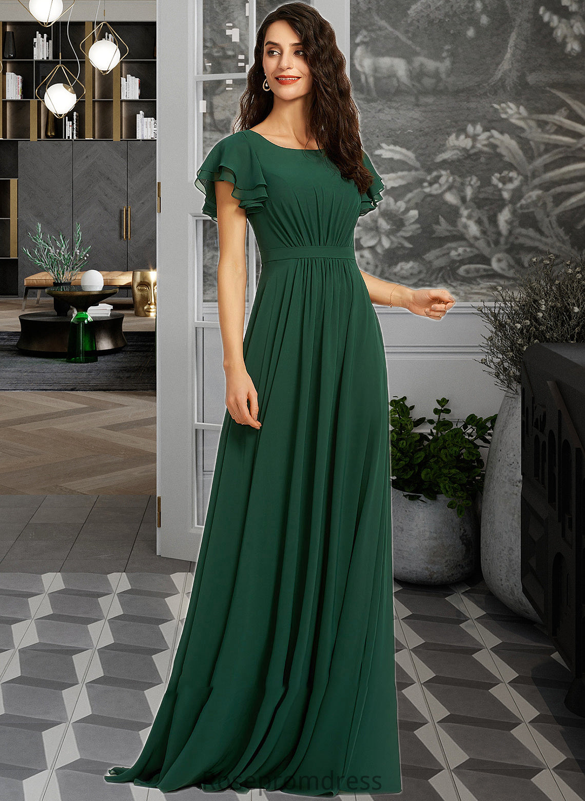 Celeste A-Line Scoop Neck Floor-Length Bridesmaid Dress With Ruffle SRSP0012773