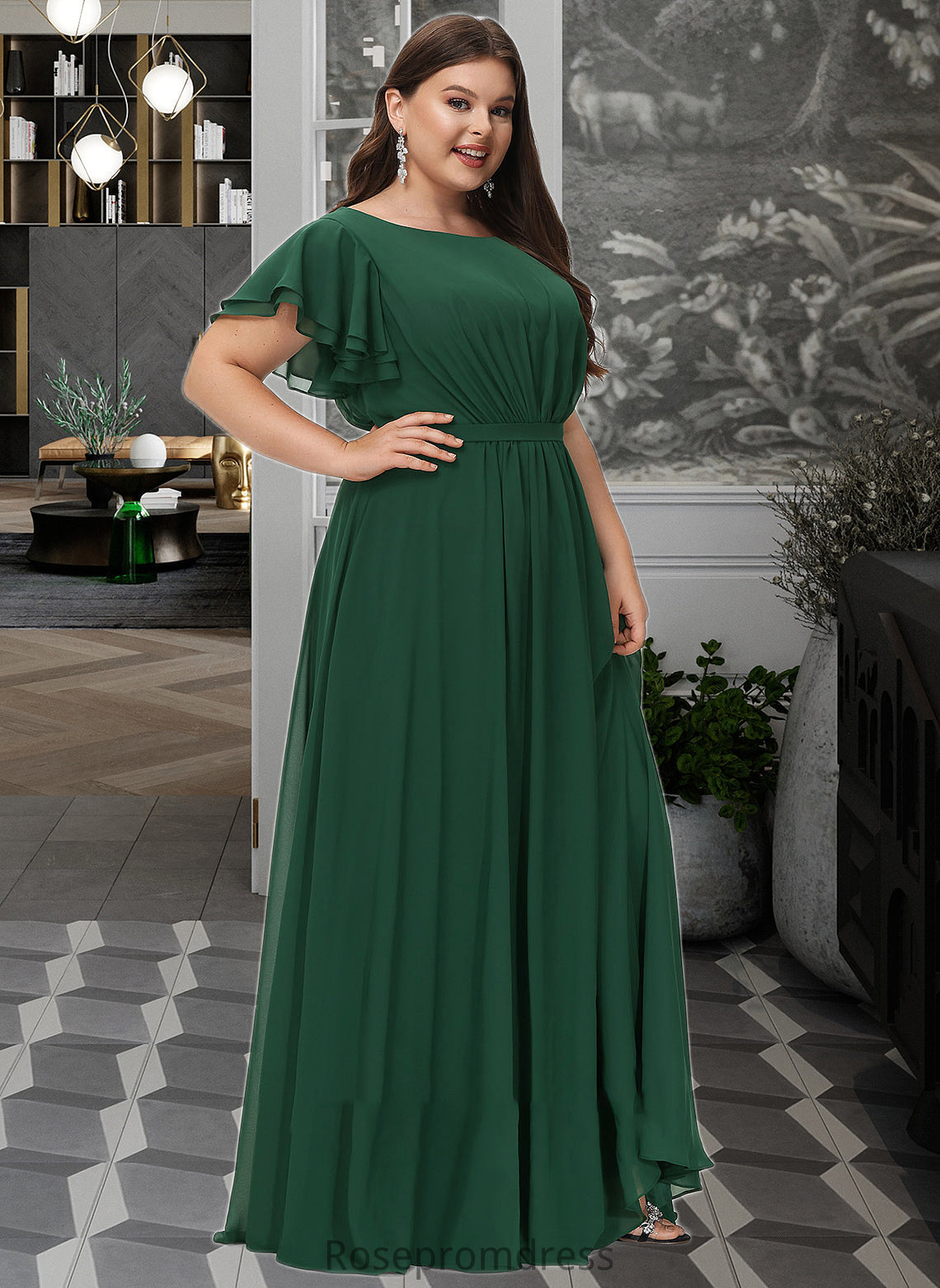 Celeste A-Line Scoop Neck Floor-Length Bridesmaid Dress With Ruffle SRSP0012773