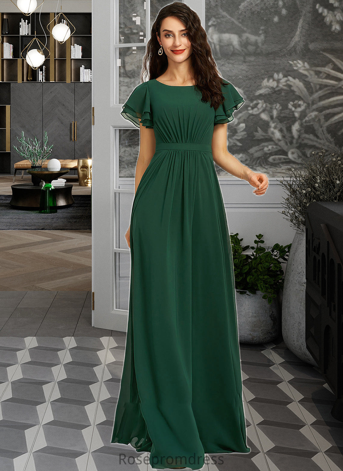 Celeste A-Line Scoop Neck Floor-Length Bridesmaid Dress With Ruffle SRSP0012773