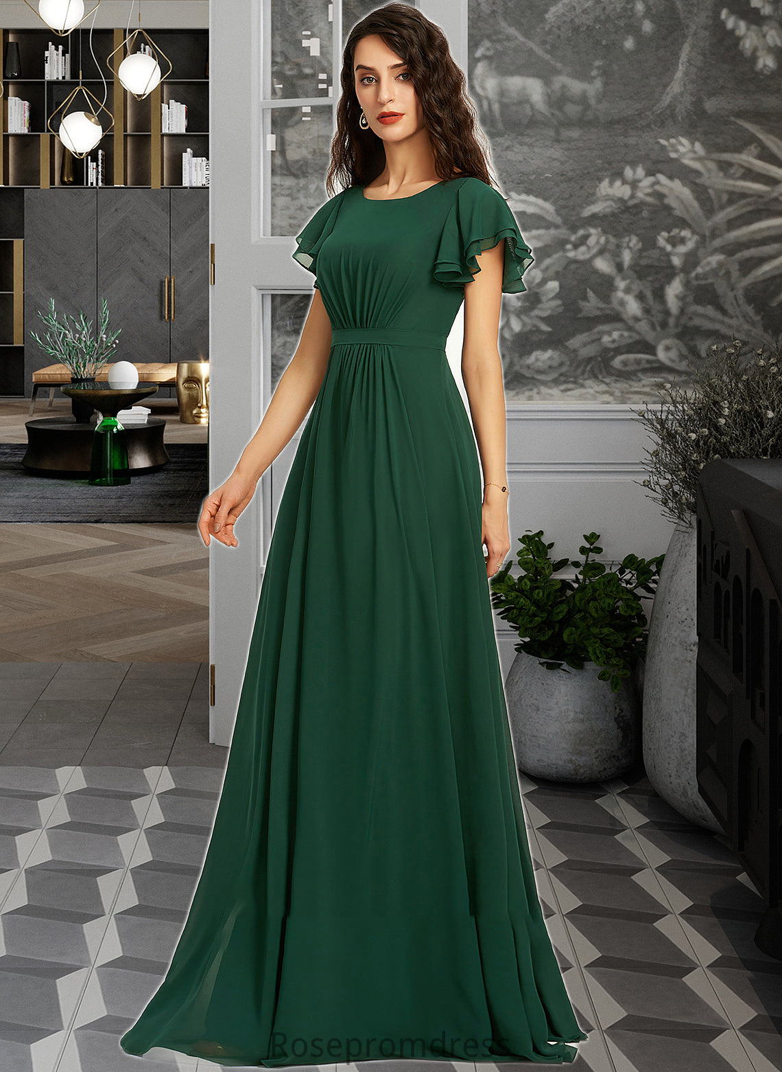 Celeste A-Line Scoop Neck Floor-Length Bridesmaid Dress With Ruffle SRSP0012773