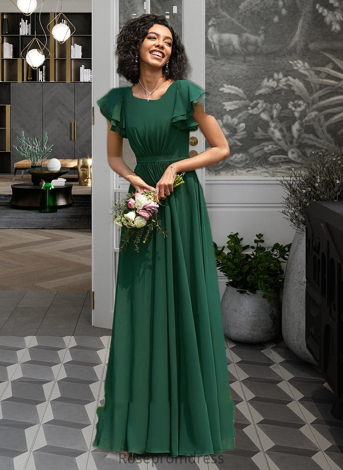 Celeste A-Line Scoop Neck Floor-Length Bridesmaid Dress With Ruffle SRSP0012773