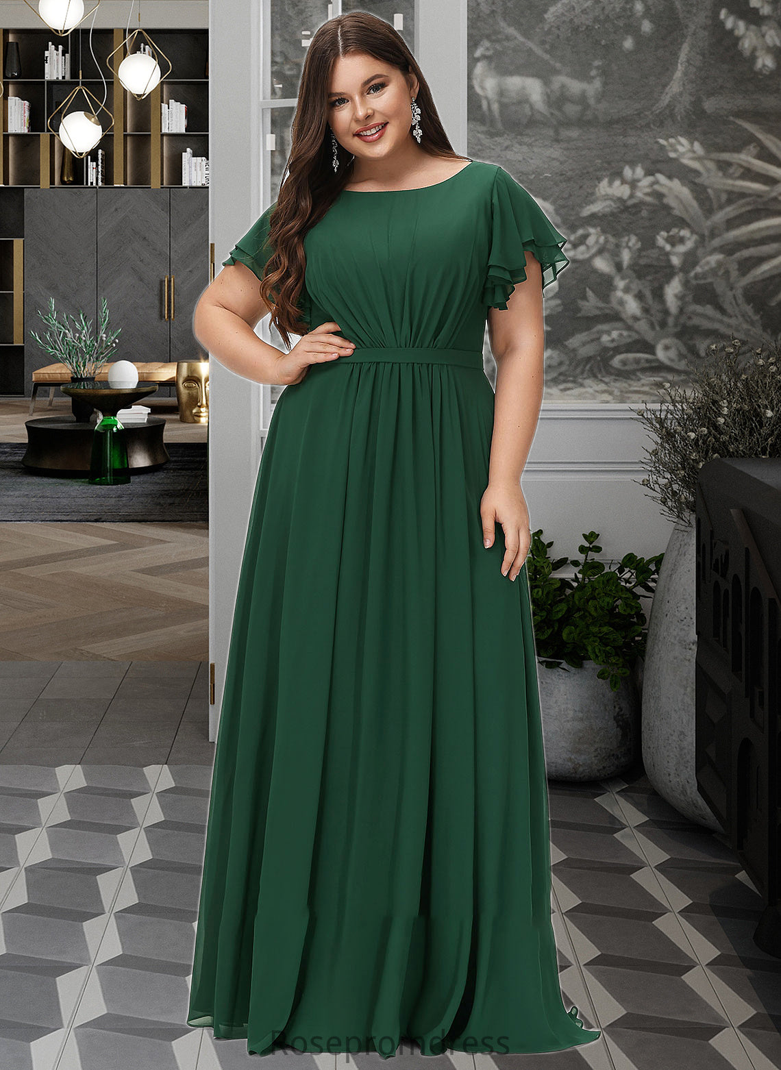 Celeste A-Line Scoop Neck Floor-Length Bridesmaid Dress With Ruffle SRSP0012773