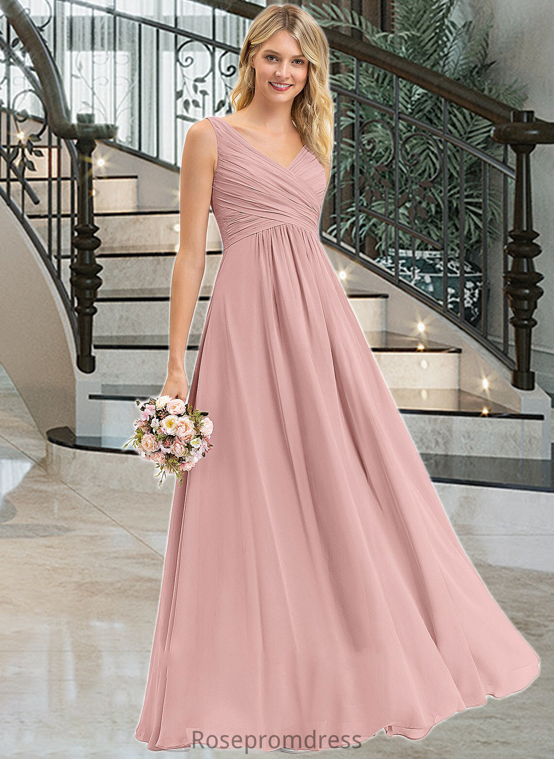 Isabell A-Line V-neck Floor-Length Chiffon Bridesmaid Dress With Ruffle SRSP0012774