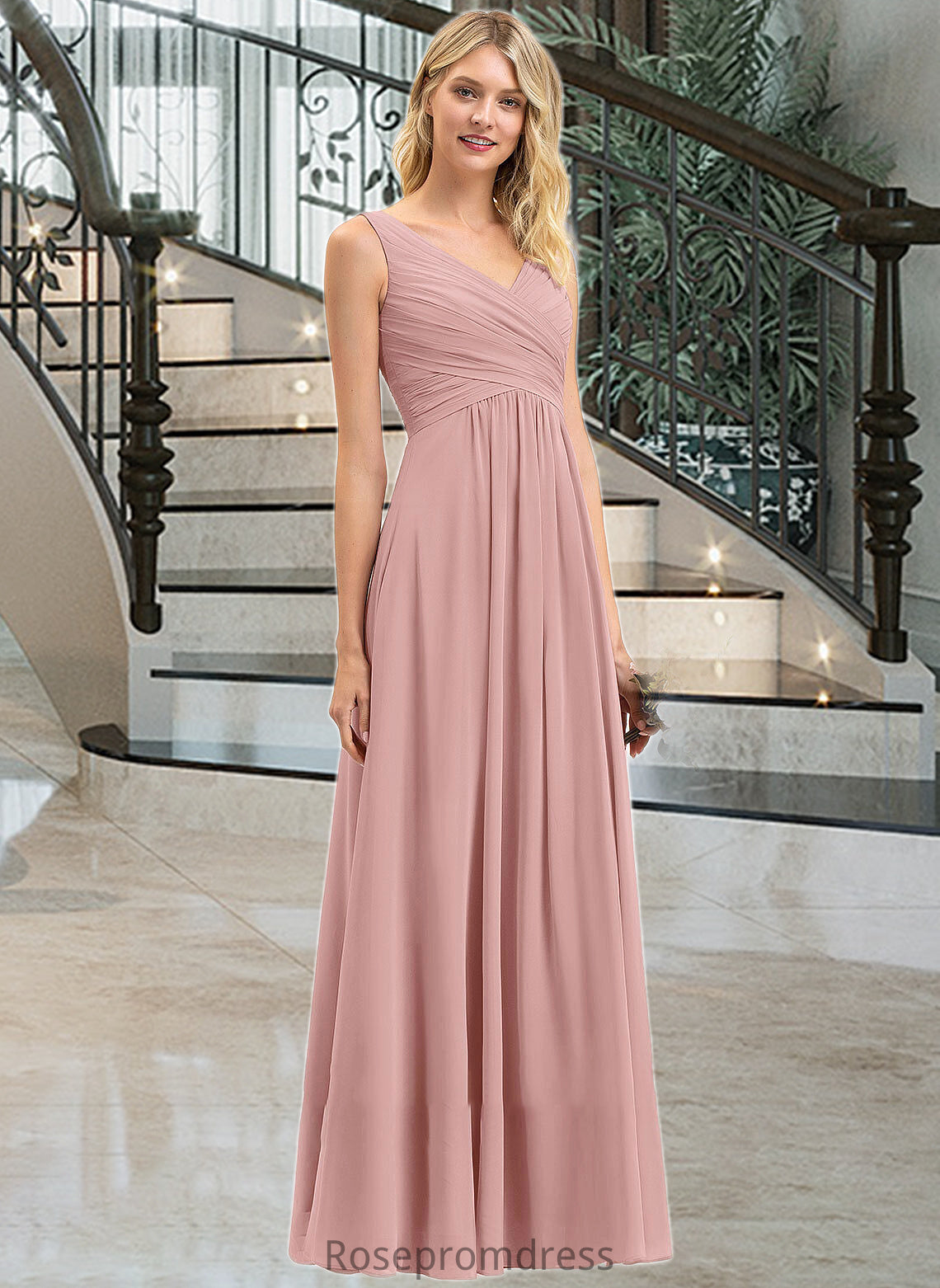 Isabell A-Line V-neck Floor-Length Chiffon Bridesmaid Dress With Ruffle SRSP0012774