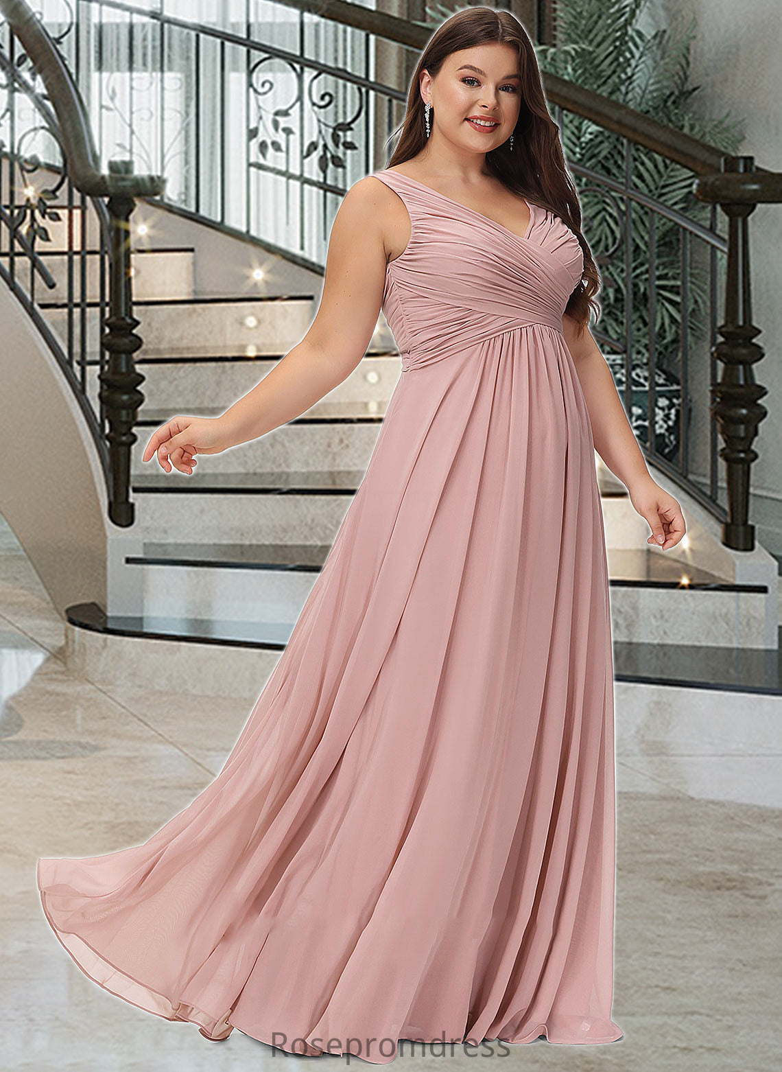 Isabell A-Line V-neck Floor-Length Chiffon Bridesmaid Dress With Ruffle SRSP0012774