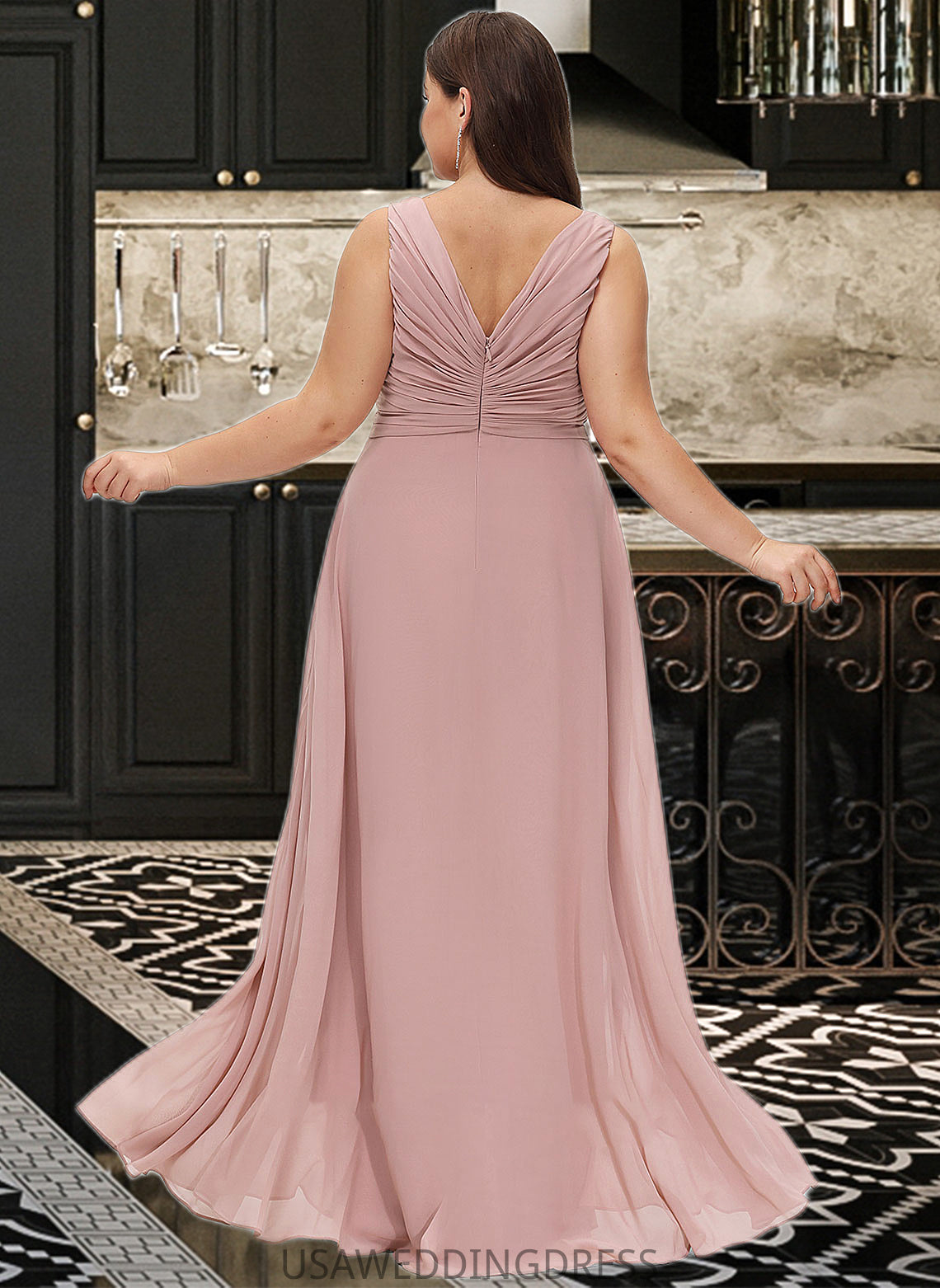 Penelope A-Line V-neck Floor-Length Chiffon Bridesmaid Dress With Ruffle DSP0012774