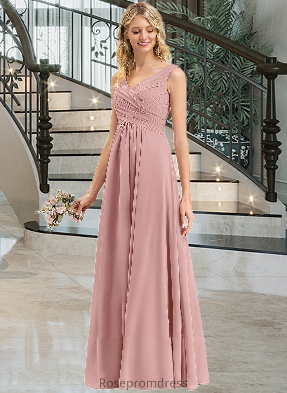 Isabell A-Line V-neck Floor-Length Chiffon Bridesmaid Dress With Ruffle SRSP0012774