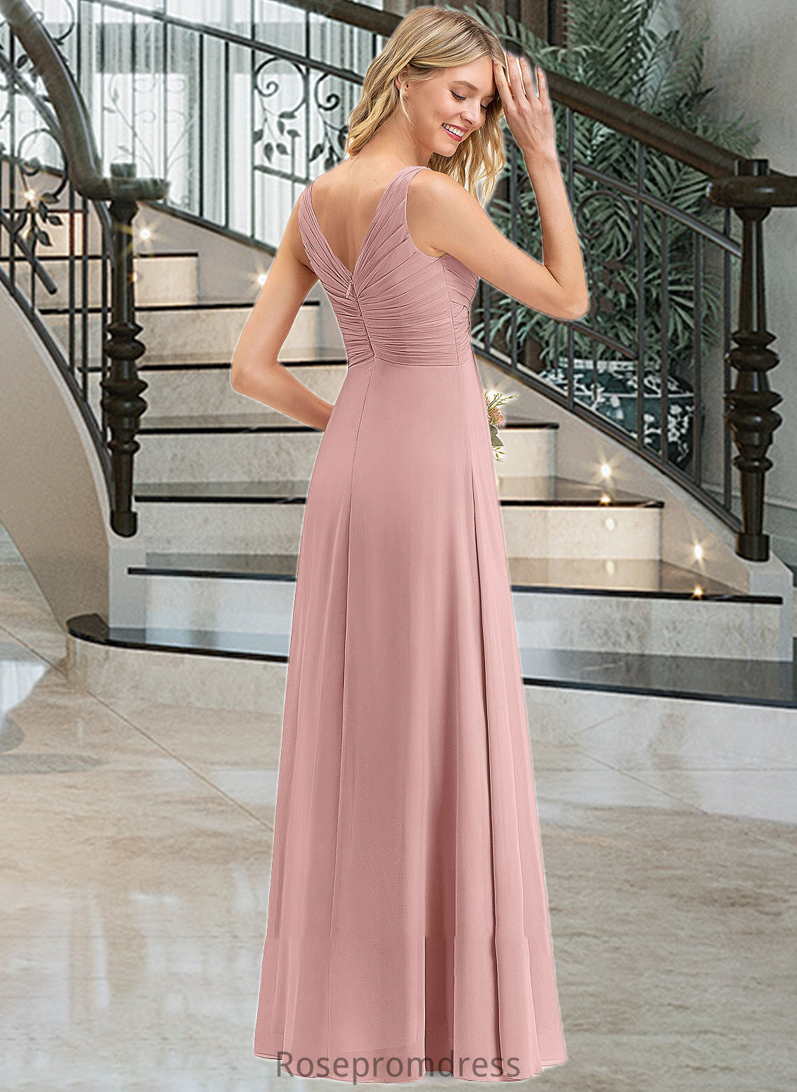 Isabell A-Line V-neck Floor-Length Chiffon Bridesmaid Dress With Ruffle SRSP0012774
