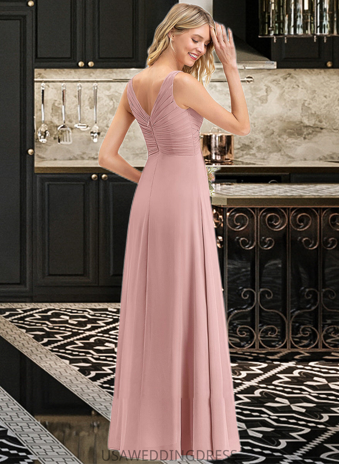 Penelope A-Line V-neck Floor-Length Chiffon Bridesmaid Dress With Ruffle DSP0012774
