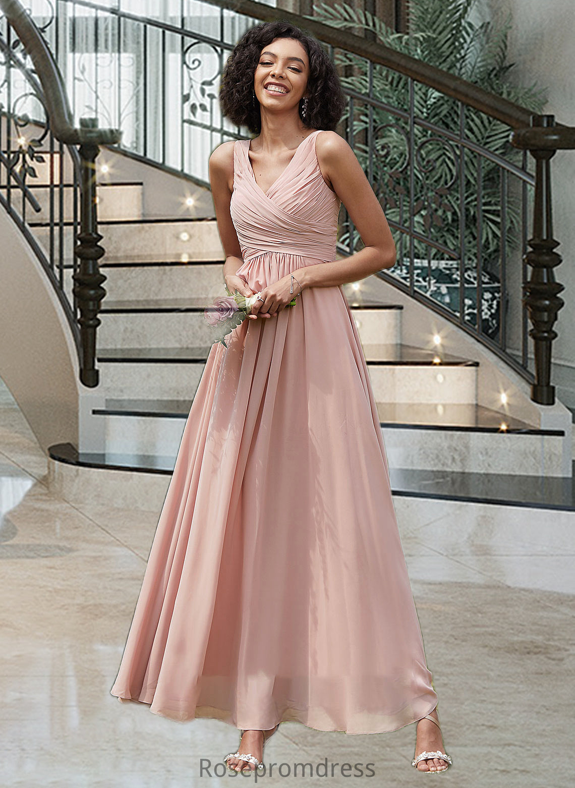 Isabell A-Line V-neck Floor-Length Chiffon Bridesmaid Dress With Ruffle SRSP0012774
