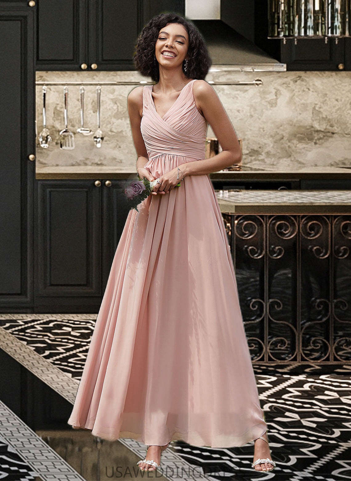 Penelope A-Line V-neck Floor-Length Chiffon Bridesmaid Dress With Ruffle DSP0012774