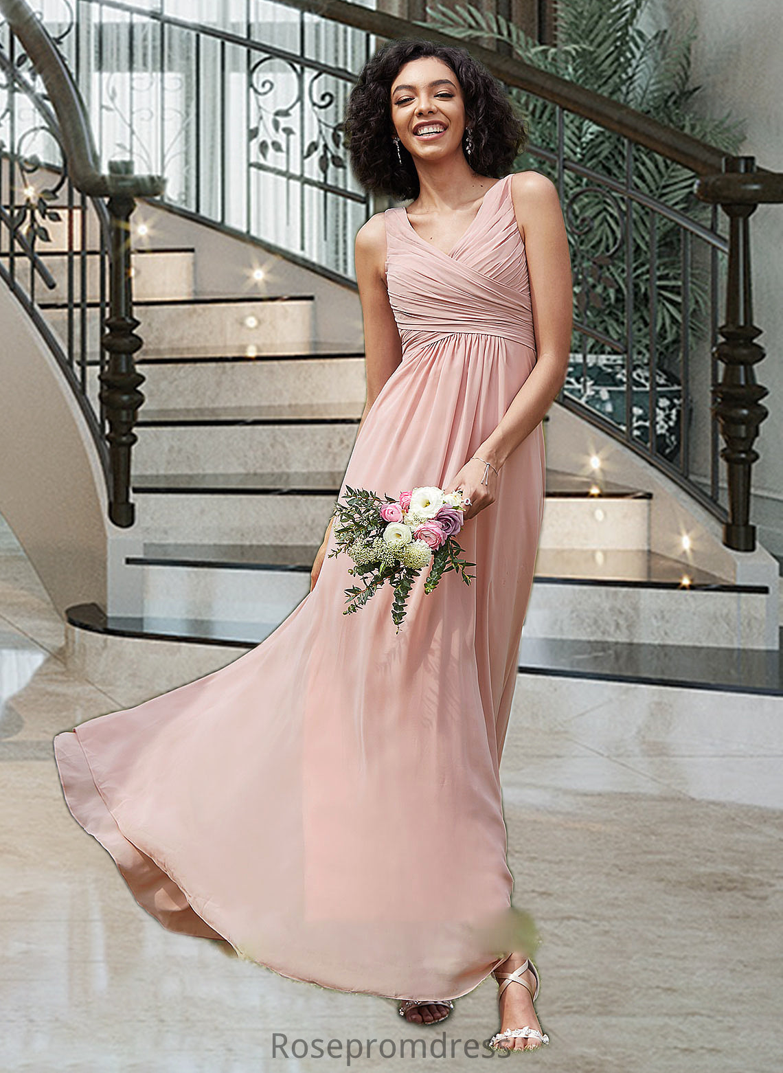 Isabell A-Line V-neck Floor-Length Chiffon Bridesmaid Dress With Ruffle SRSP0012774