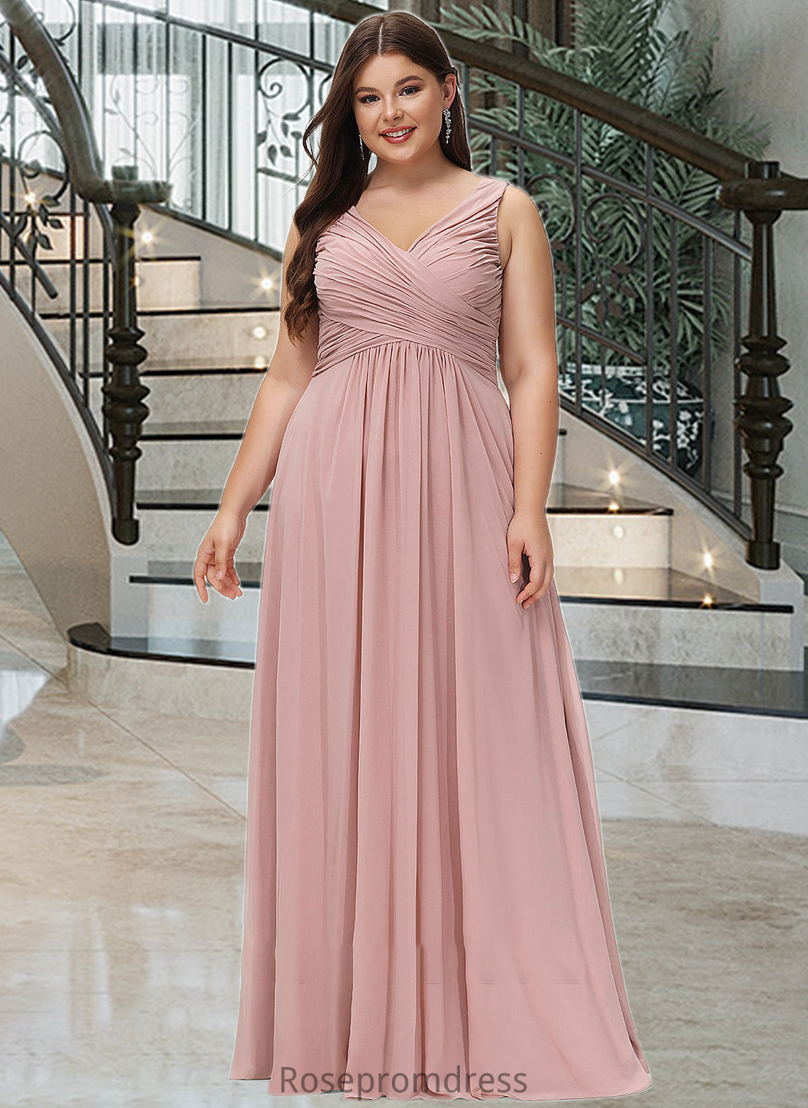 Isabell A-Line V-neck Floor-Length Chiffon Bridesmaid Dress With Ruffle SRSP0012774
