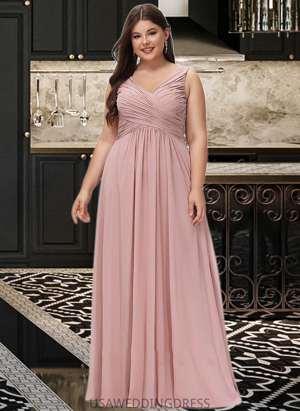 Penelope A-Line V-neck Floor-Length Chiffon Bridesmaid Dress With Ruffle DSP0012774
