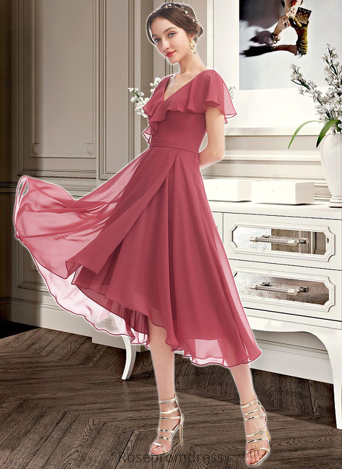 Vera A-Line V-neck Asymmetrical Bridesmaid Dress With Ruffle SRSP0012775