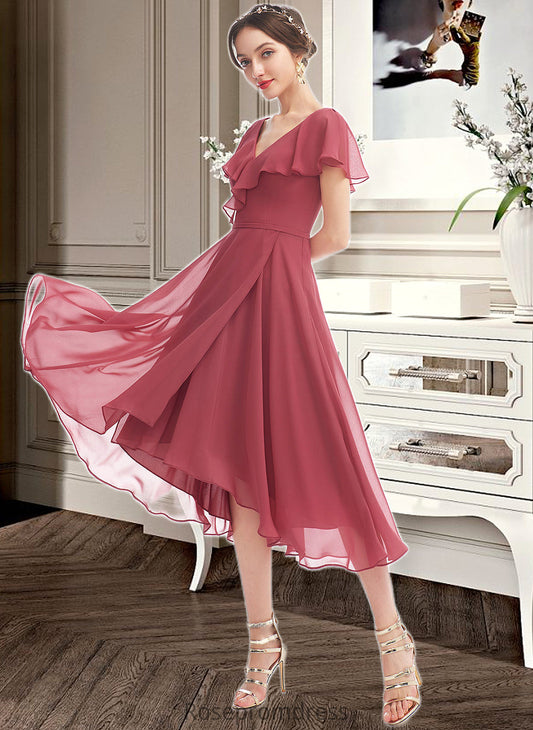Vera A-Line V-neck Asymmetrical Bridesmaid Dress With Ruffle SRSP0012775