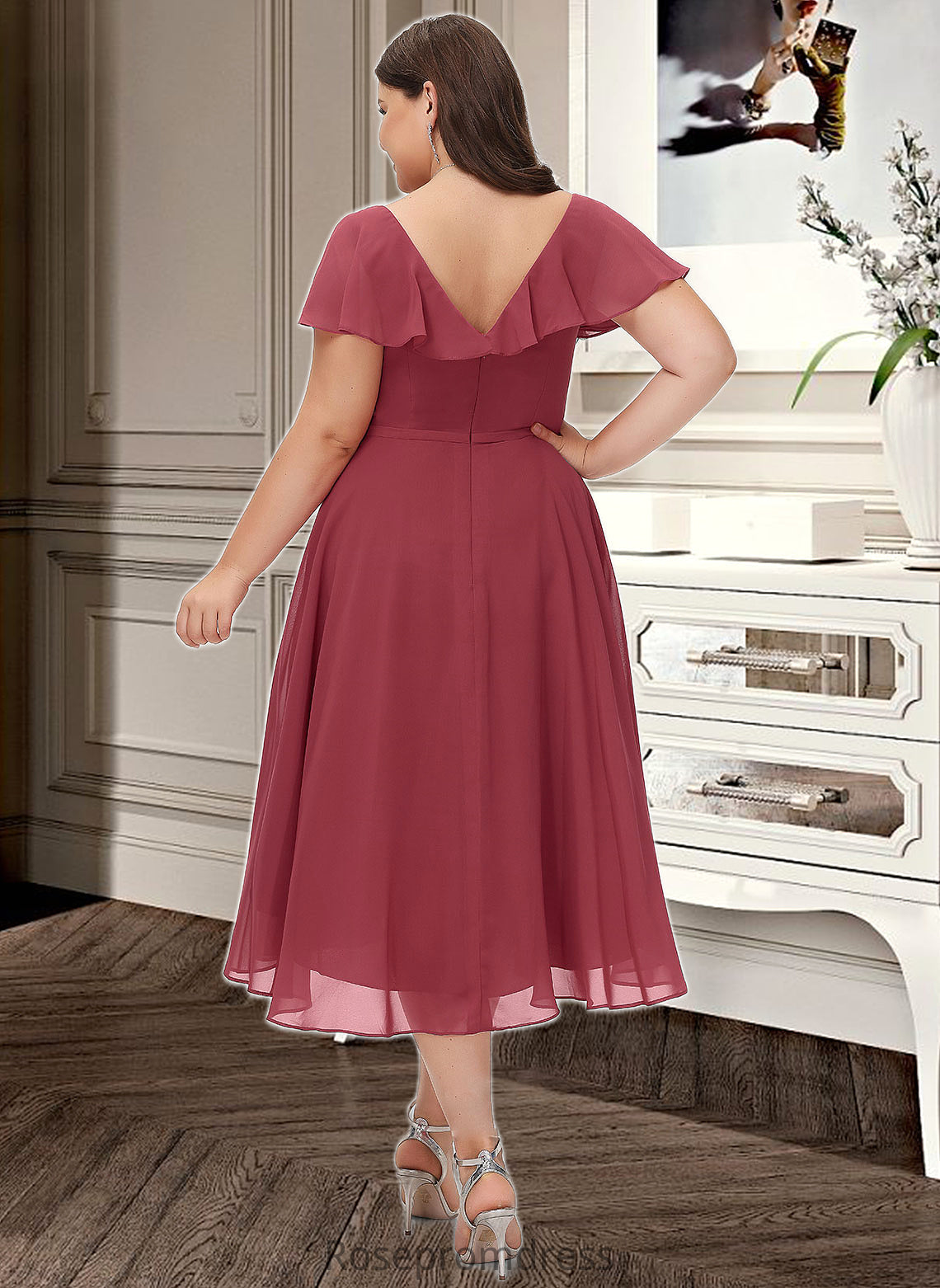 Vera A-Line V-neck Asymmetrical Bridesmaid Dress With Ruffle SRSP0012775