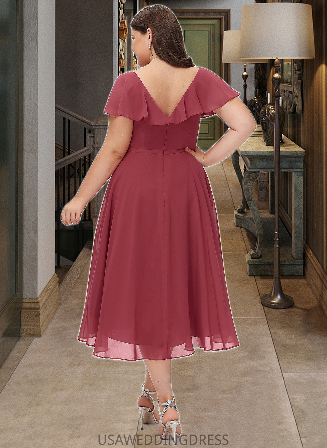 Taryn A-Line V-neck Asymmetrical Bridesmaid Dress With Ruffle DSP0012775