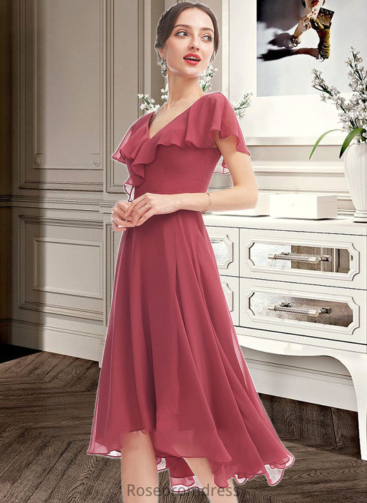 Vera A-Line V-neck Asymmetrical Bridesmaid Dress With Ruffle SRSP0012775