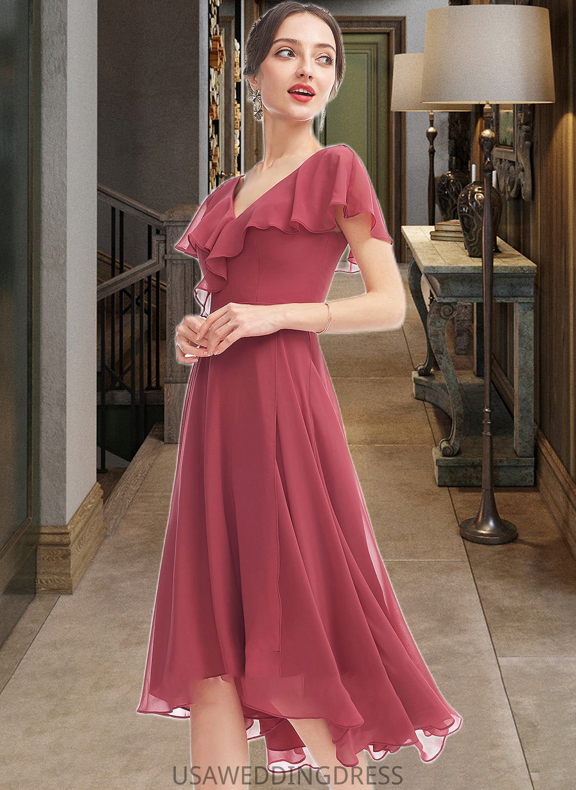 Taryn A-Line V-neck Asymmetrical Bridesmaid Dress With Ruffle DSP0012775