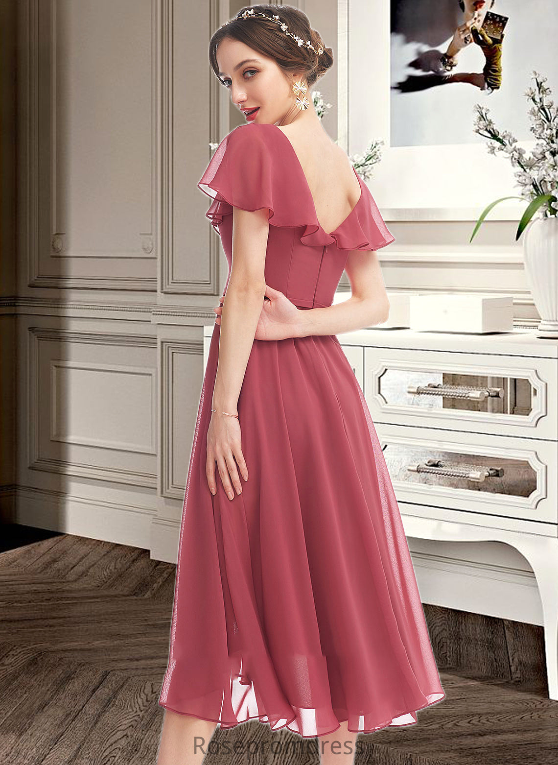 Vera A-Line V-neck Asymmetrical Bridesmaid Dress With Ruffle SRSP0012775