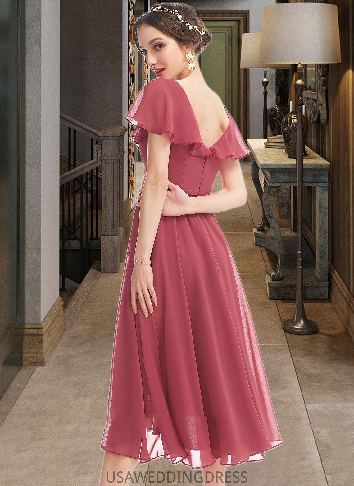 Taryn A-Line V-neck Asymmetrical Bridesmaid Dress With Ruffle DSP0012775