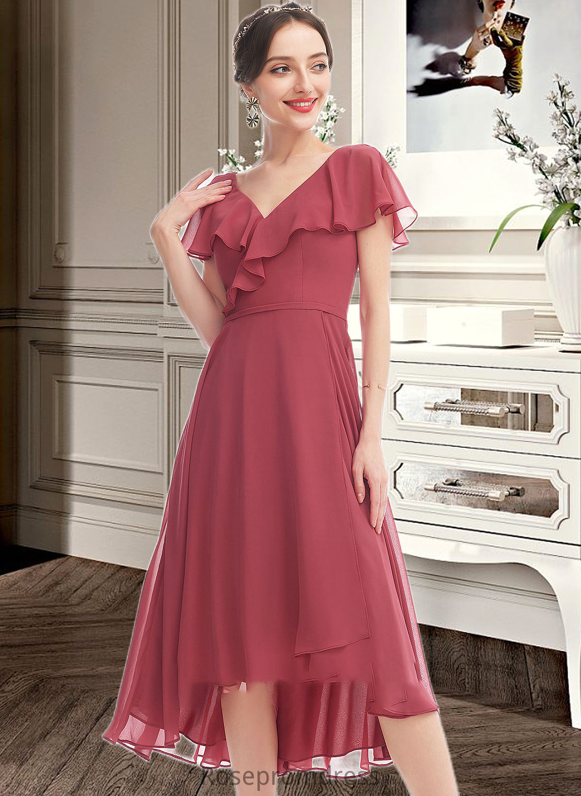 Vera A-Line V-neck Asymmetrical Bridesmaid Dress With Ruffle SRSP0012775