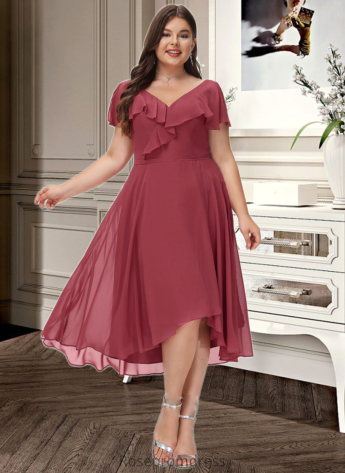 Vera A-Line V-neck Asymmetrical Bridesmaid Dress With Ruffle SRSP0012775