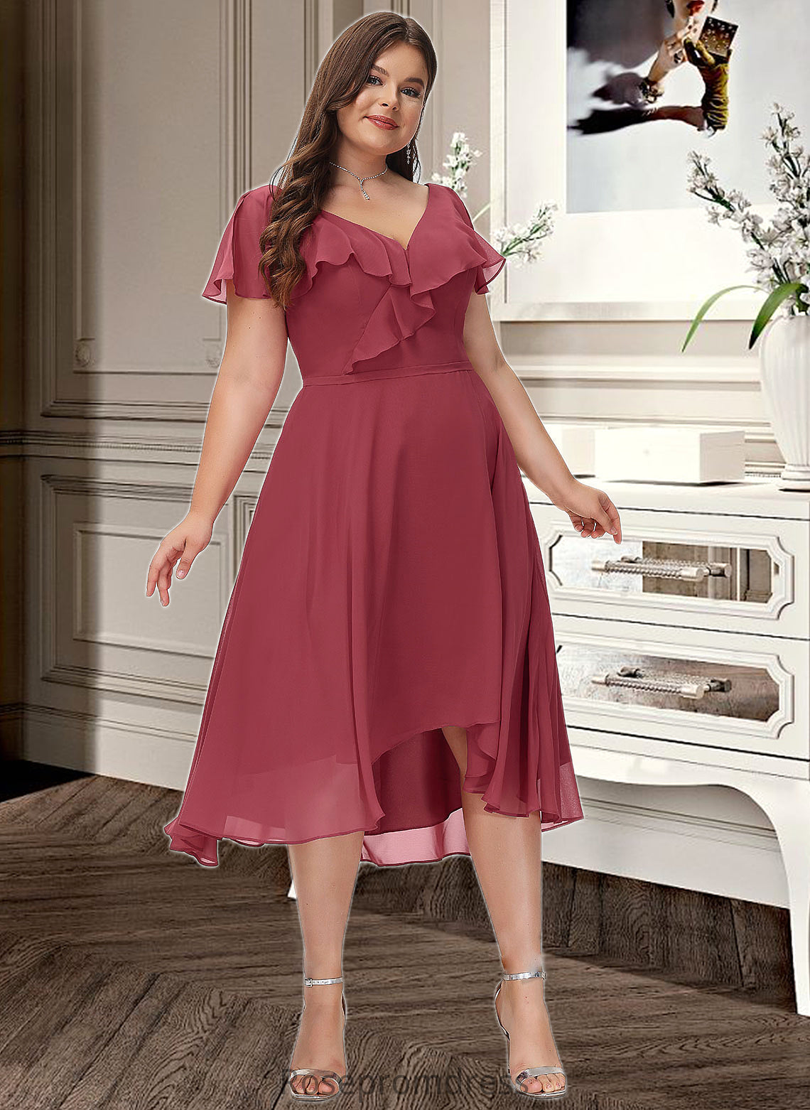 Vera A-Line V-neck Asymmetrical Bridesmaid Dress With Ruffle SRSP0012775