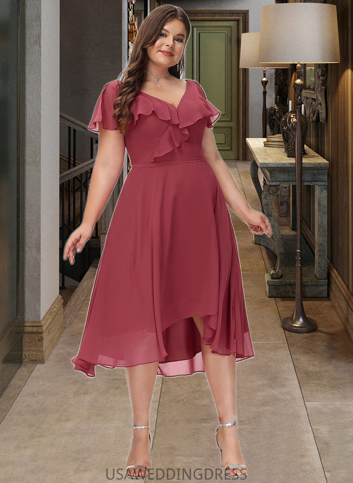 Taryn A-Line V-neck Asymmetrical Bridesmaid Dress With Ruffle DSP0012775