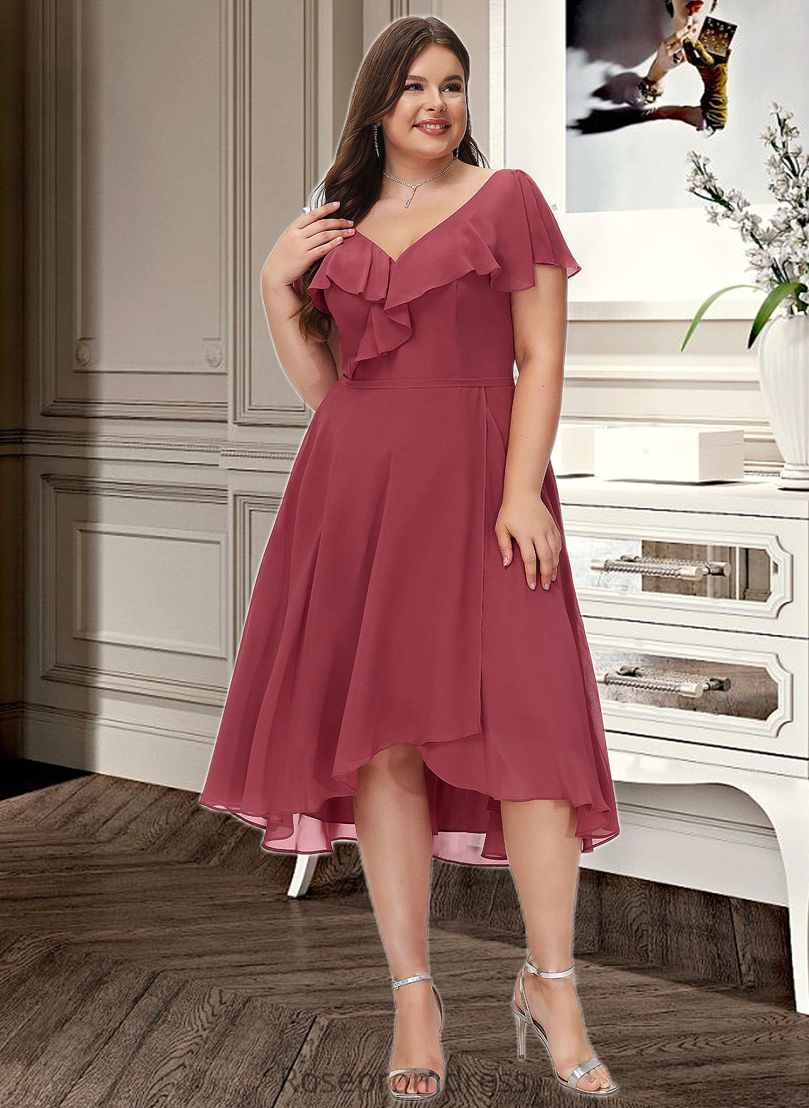 Vera A-Line V-neck Asymmetrical Bridesmaid Dress With Ruffle SRSP0012775