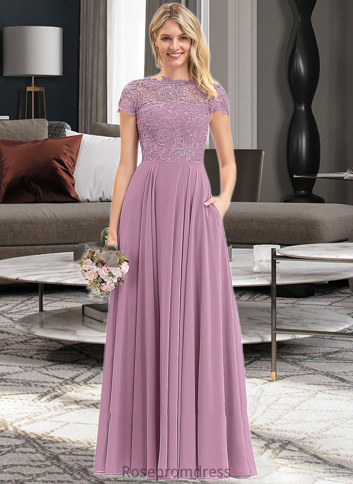 Madeline A-Line Scoop Neck Floor-Length Chiffon Lace Bridesmaid Dress With Pockets SRSP0012776