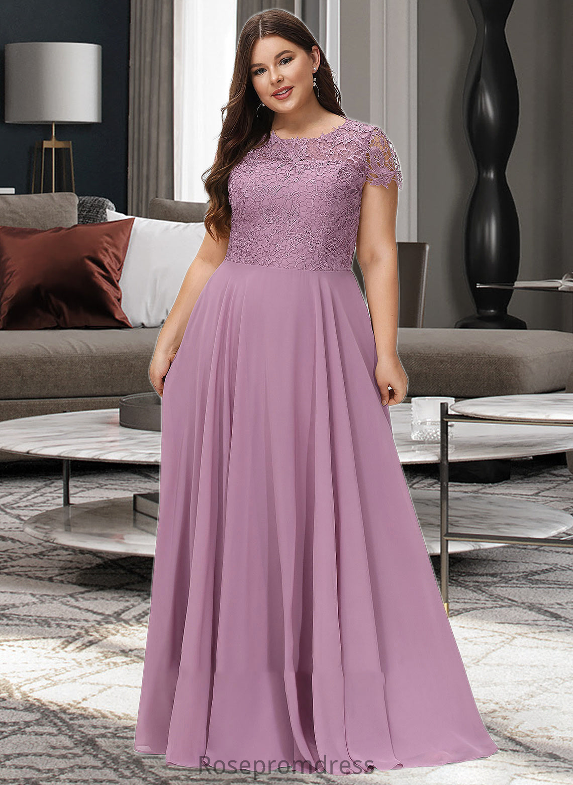Madeline A-Line Scoop Neck Floor-Length Chiffon Lace Bridesmaid Dress With Pockets SRSP0012776