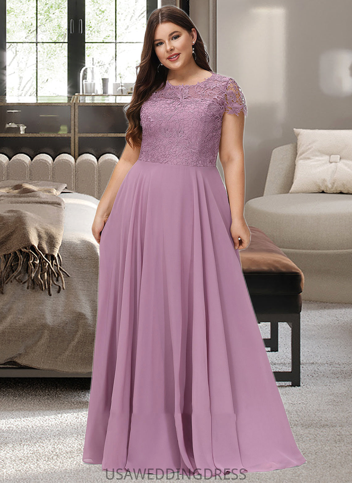 Amelie A-Line Scoop Neck Floor-Length Chiffon Lace Bridesmaid Dress With Pockets DSP0012776