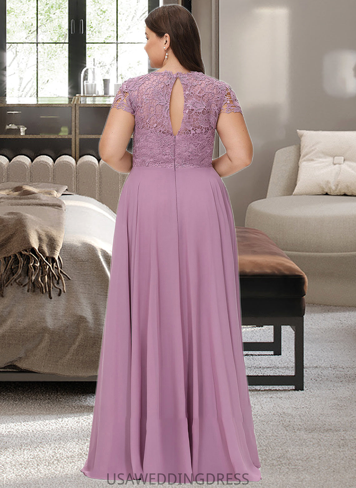 Amelie A-Line Scoop Neck Floor-Length Chiffon Lace Bridesmaid Dress With Pockets DSP0012776