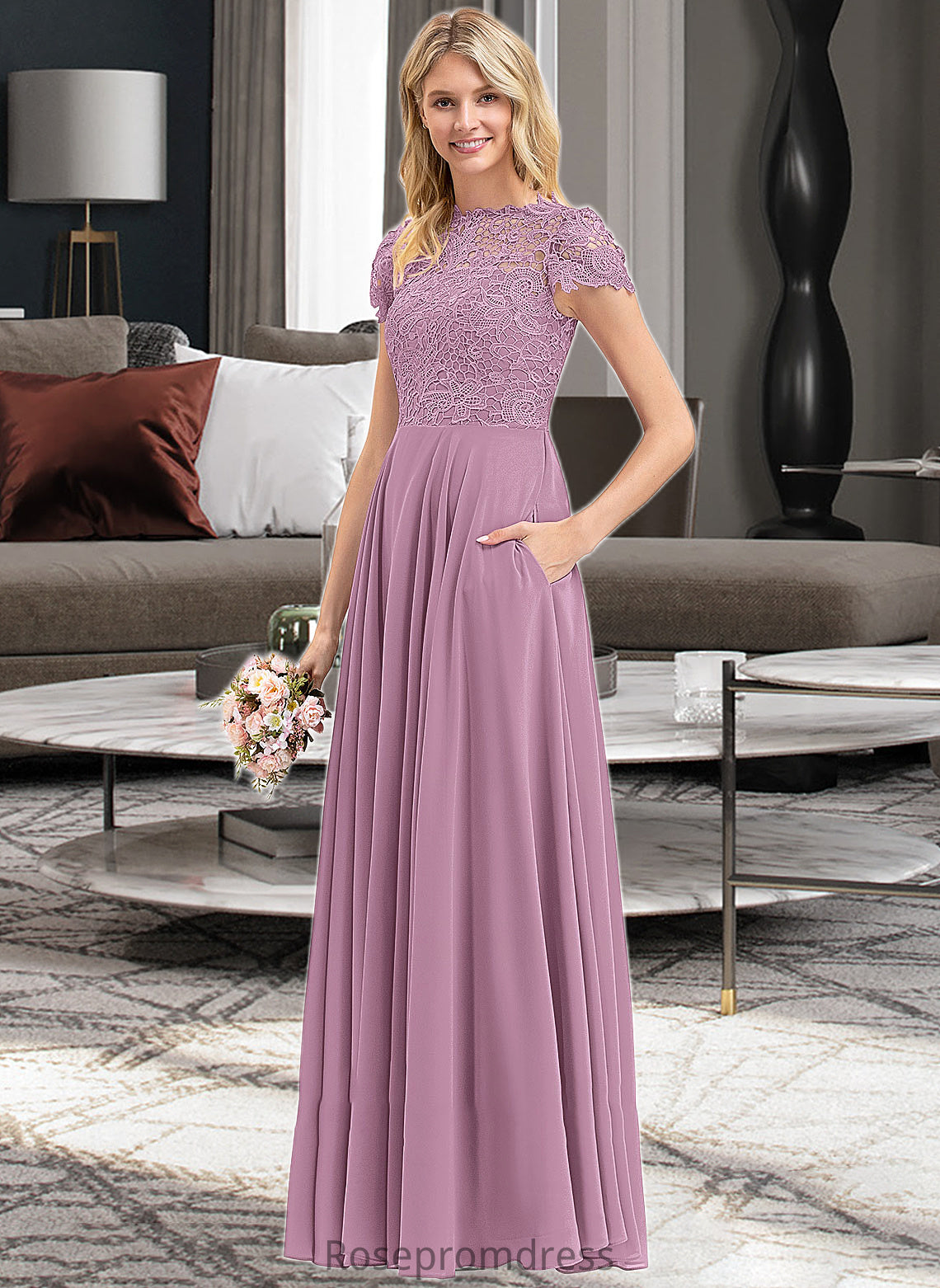Madeline A-Line Scoop Neck Floor-Length Chiffon Lace Bridesmaid Dress With Pockets SRSP0012776
