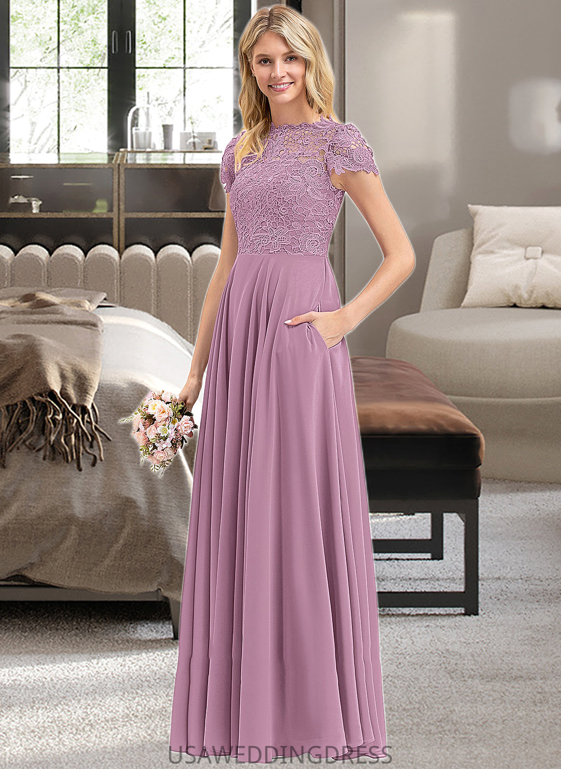 Amelie A-Line Scoop Neck Floor-Length Chiffon Lace Bridesmaid Dress With Pockets DSP0012776