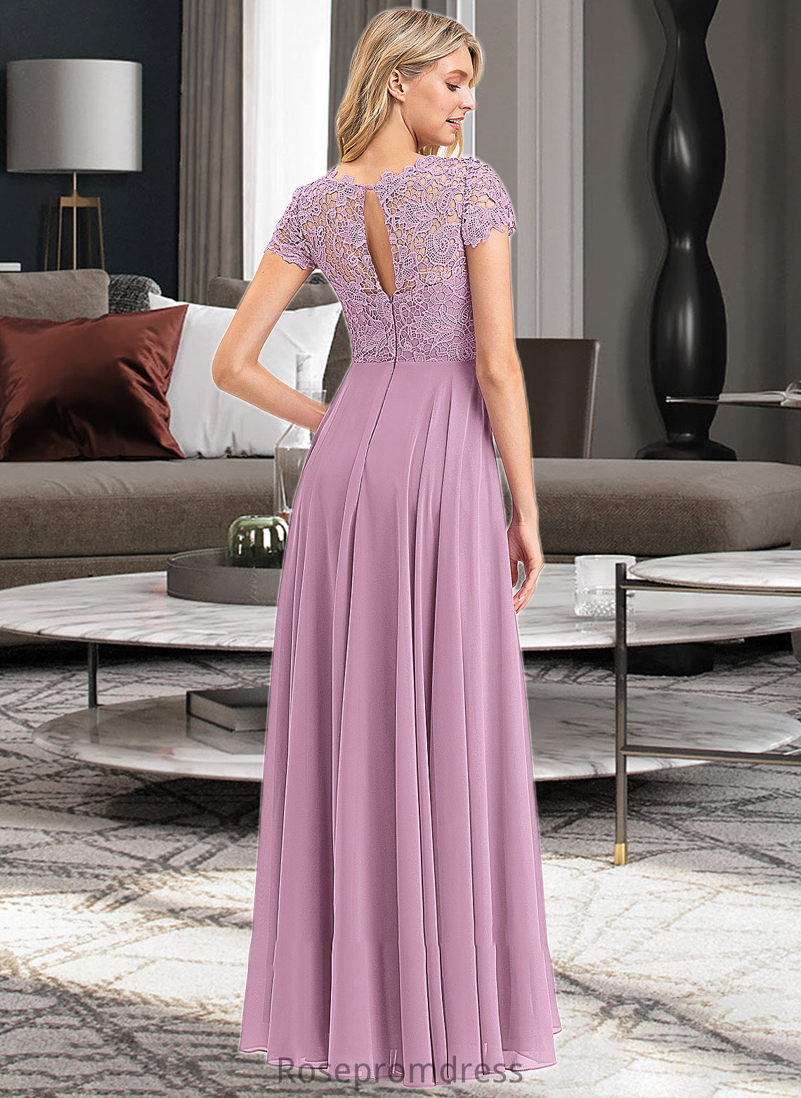 Madeline A-Line Scoop Neck Floor-Length Chiffon Lace Bridesmaid Dress With Pockets SRSP0012776
