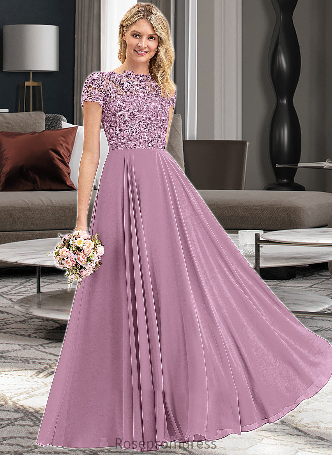 Madeline A-Line Scoop Neck Floor-Length Chiffon Lace Bridesmaid Dress With Pockets SRSP0012776