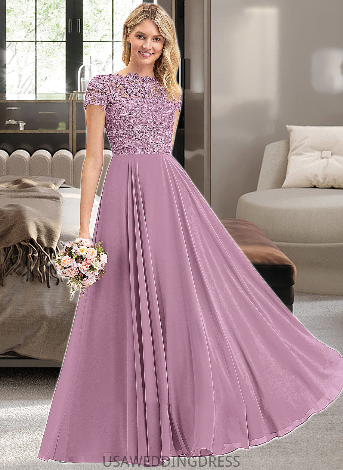 Amelie A-Line Scoop Neck Floor-Length Chiffon Lace Bridesmaid Dress With Pockets DSP0012776