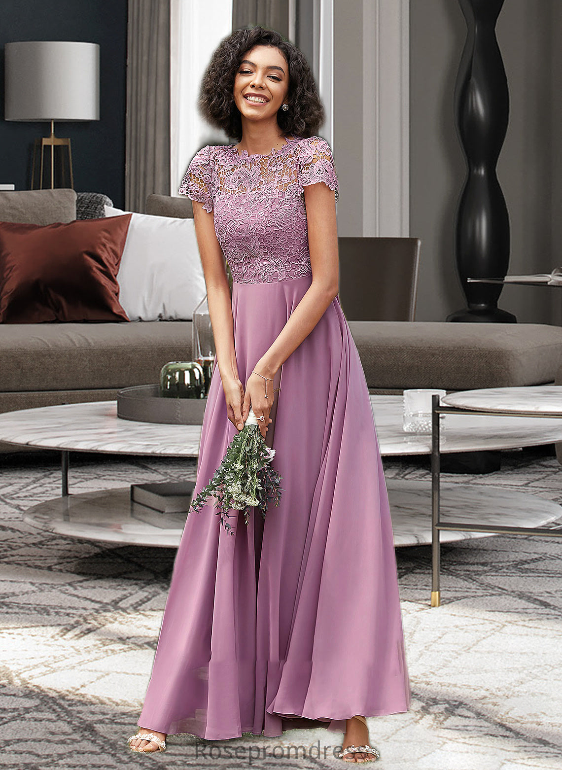 Madeline A-Line Scoop Neck Floor-Length Chiffon Lace Bridesmaid Dress With Pockets SRSP0012776