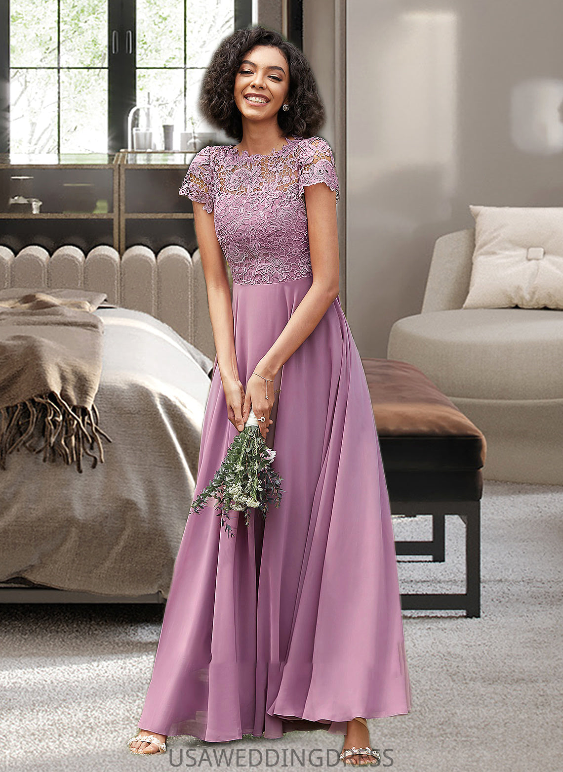 Amelie A-Line Scoop Neck Floor-Length Chiffon Lace Bridesmaid Dress With Pockets DSP0012776