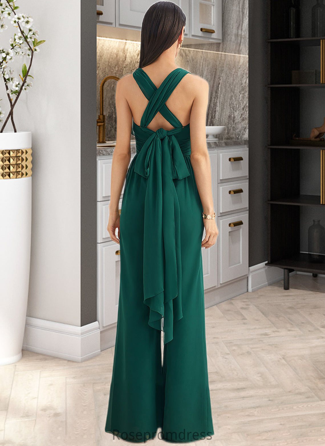 Fiona Jumpsuit/Pantsuit One-Shoulder Halter V-neck High Neck Floor-Length Bridesmaid Dress With Ruffle SRSP0012777